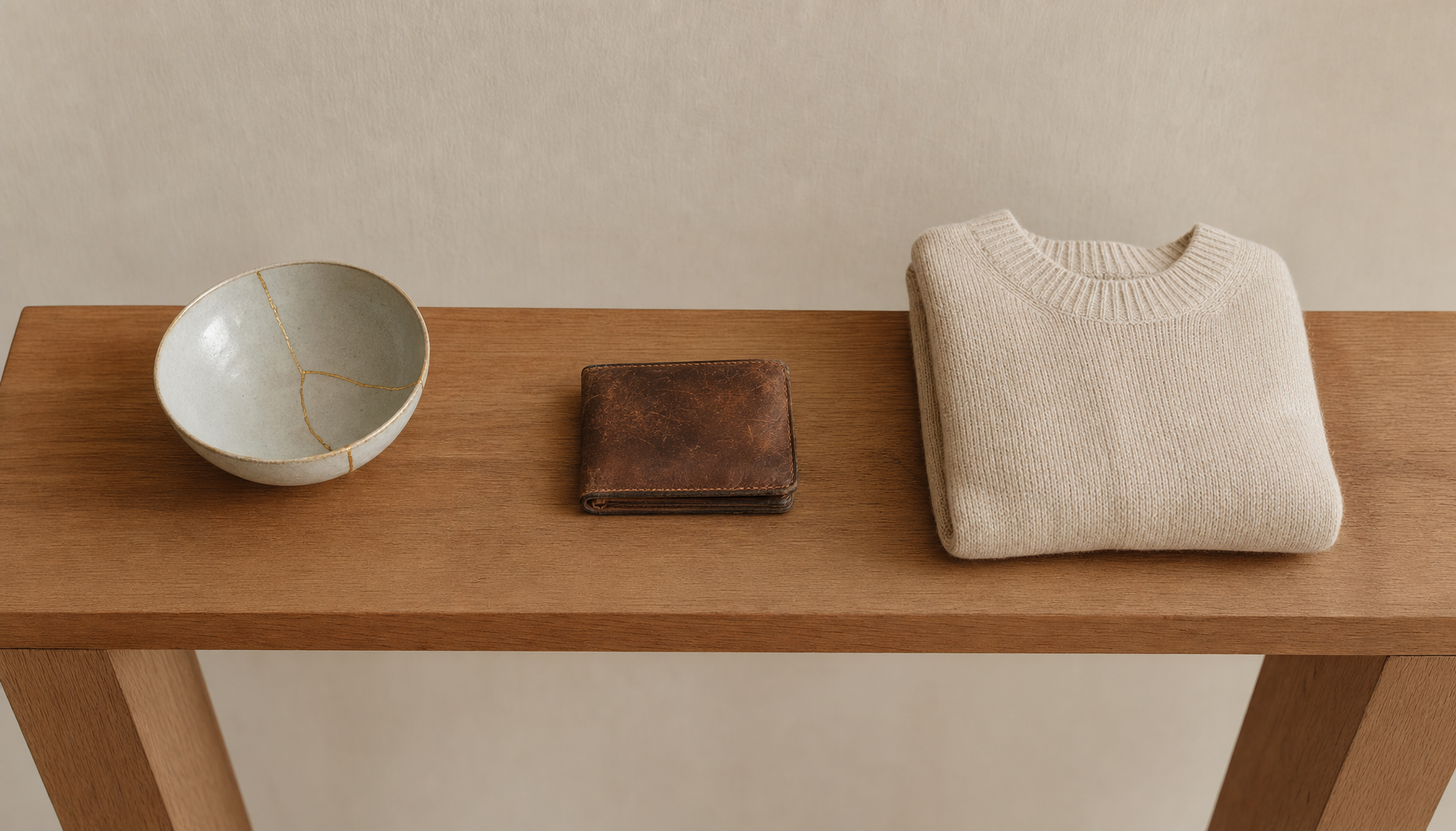 シンプルな棚と使い込んだ日用品