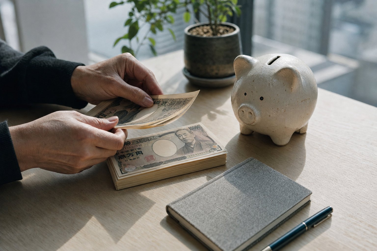 貯金箱と積まれたコインの静物