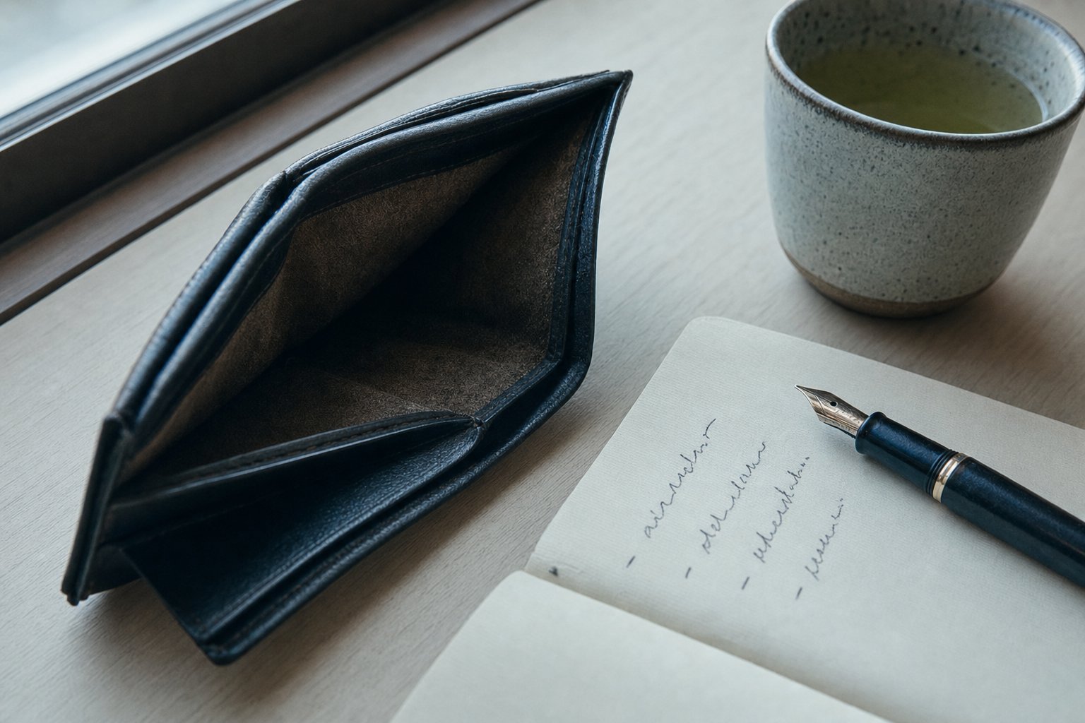 Empty wallet, notebook and green tea on desk
